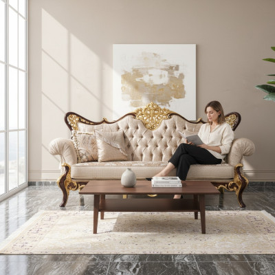Dreisitzer Sofa 3 Sitzer Polstersofa Stoffsofa Beige Barock Polyester