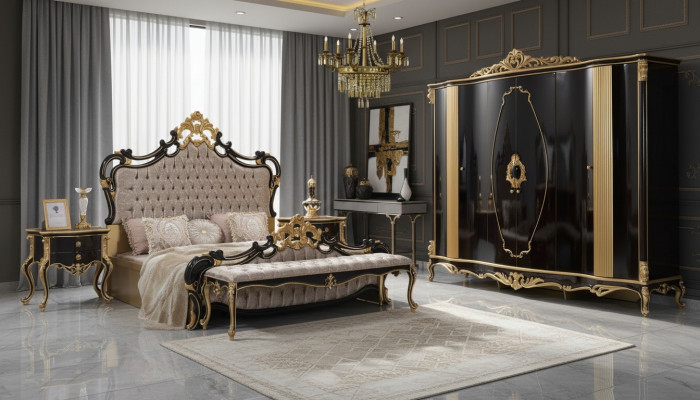 Chesterfield Luxus Schlafzimmer Garnitur Bett Doppelbett 5tlg Schwarz
