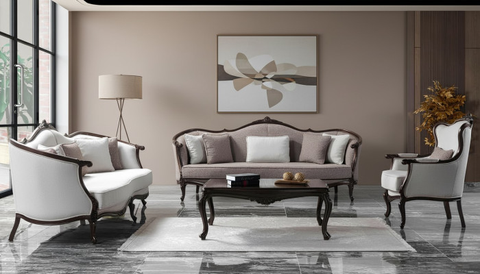 Sofagarnitur Dreisitzer Sessel Stoff Sofa Garnitur Grau Polstersofa couch