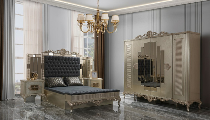 Doppelbett Chesterfield Luxus Schlafzimmer Garnitur Bett 5tlg Gold betten
