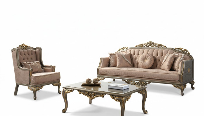 Chesterfield Sofagarnitur Dreisitzer Sessel Stoff Couchtisch Beige Neu