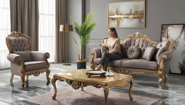 Chesterfield Sofagarnitur Dreisitzer Sessel Stoff Couchtisch Grau Sofa