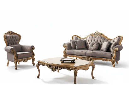 Chesterfield Sofagarnitur Dreisitzer Sessel Stoff Couchtisch Grau Sofa