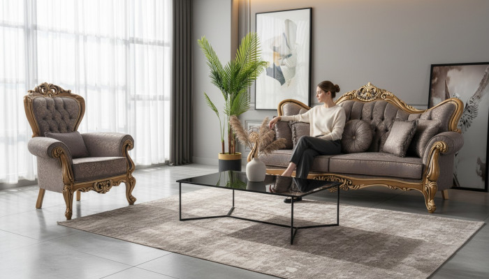 Polstersofa Chesterfield Garnitur Sofagarnitur Stoff Sofa Grau Set Neu