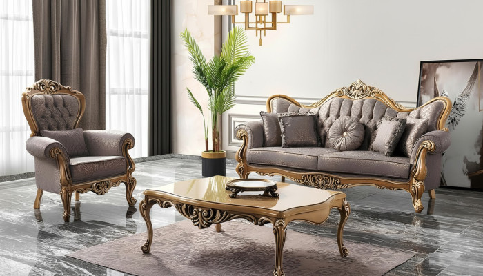 Polstersofa Chesterfield Garnitur Sofagarnitur Stoff Sofa Grau Set Neu