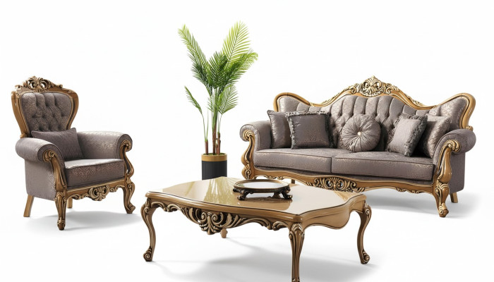 Polstersofa Chesterfield Garnitur Sofagarnitur Stoff Sofa Grau Set Neu