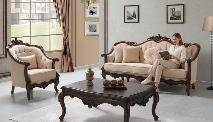 Polstersofa Chesterfield Garnitur Sofagarnitur Stoff Sofa Beige Set