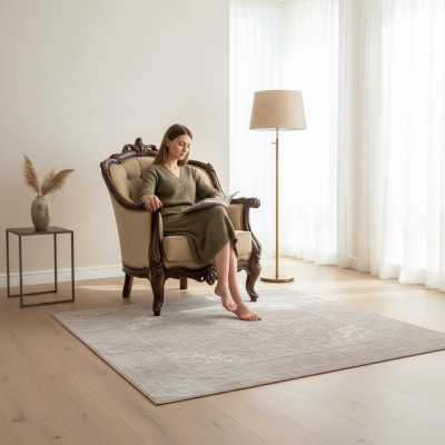 Sessel Ohrensessel Sitzer Stoff Beige Polyester Holz Wohnzimmer Barock