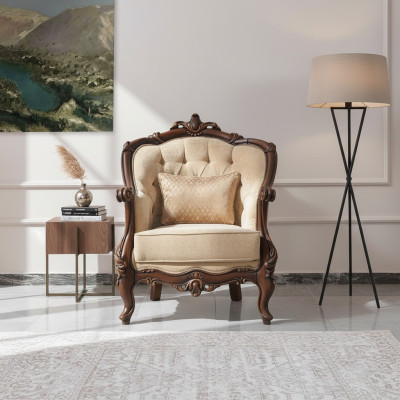 Sessel Ohrensessel Sitzer Stoff Beige Polyester Holz Wohnzimmer Barock