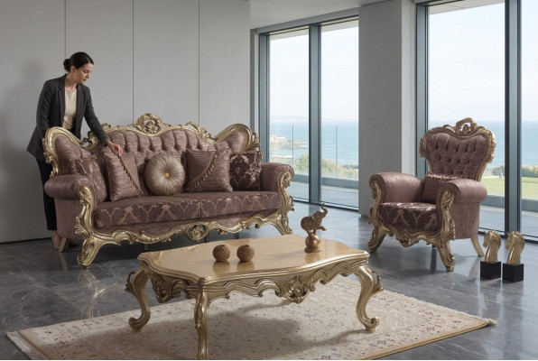 Sofagarnitur Polstersofa Sofa Couch Lila Stoffsofa Chesterfield Set 3+1