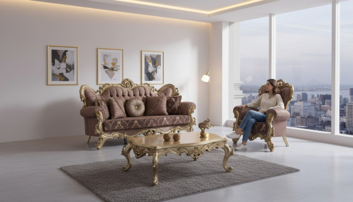 Chesterfield Sofagarnitur Polstersofa Sofa Couch Lila Stoffsofa Set