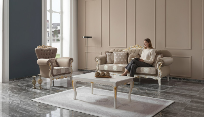 Sofagarnitur Polstersofa Sofa Couch Braun Stoffsofa Chesterfield Set 3+1