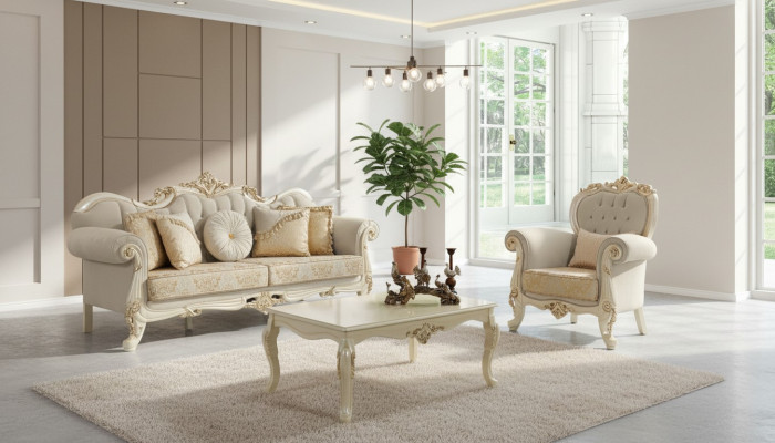 Couch Polstersofa Sofa Sofagarnitur Stoffsofa Beige Chesterfield Set Sofas