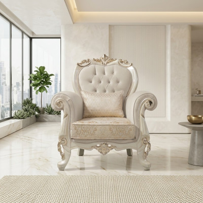 Einsitzer Sessel Ohrensessel Sitzer Stoff Beige Polyester Holz Barock