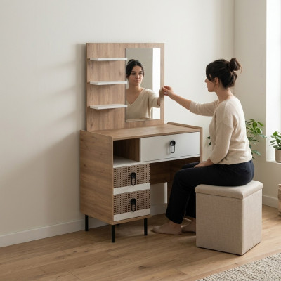 Schminktisch Garnitur mit Spiegel Holz Schlafzimmer Braun Konsole Set