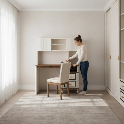 Schreibtisch Bürotisch Computertisch Beige Büromöbel Holz Tisch Regale