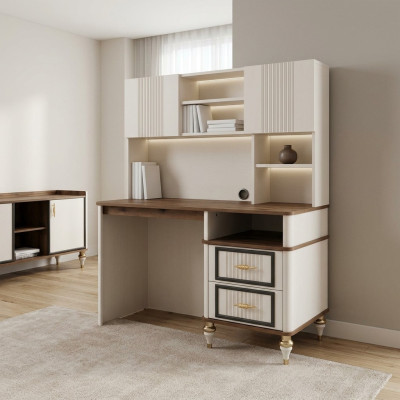 Schreibtisch Bürotisch Computertisch Beige Büromöbel Holz Tisch Regale