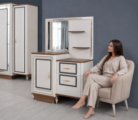 Schminktisch Garnitur mit Spiegel Holz Schlafzimmer Beige Konsole Set