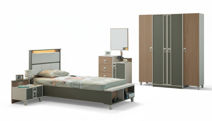 Moderne Komplette Kindermöbel Kinderbett Grau Holz Set 5tlg Nachttisch