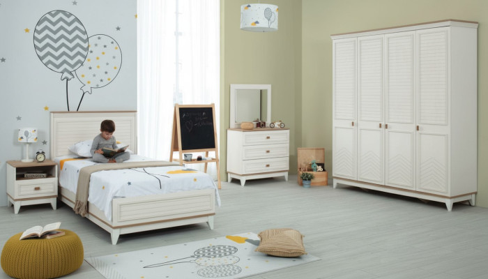 Garnitur Kinderzimmer Bett Kinderbett Kindermöbel Weiß Holz Set 5tlg