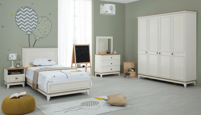 Garnitur Kinderzimmer Bett Kinderbett Kindermöbel Weiß Holz Set 5tlg