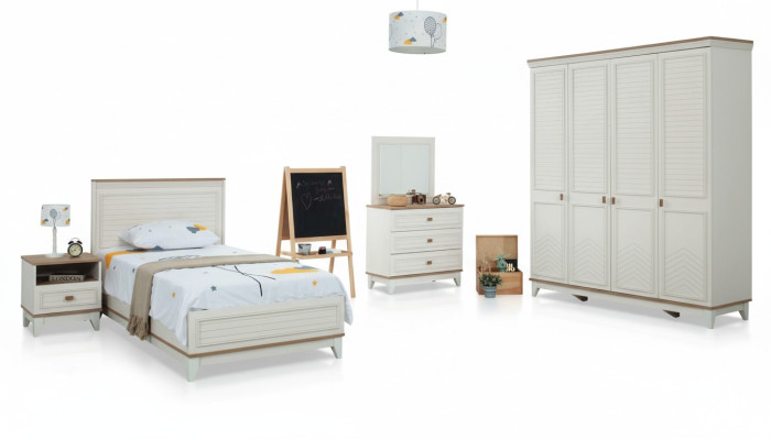 Garnitur Kinderzimmer Bett Kinderbett Kindermöbel Weiß Holz Set 5tlg