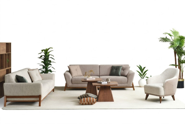 Couchgarnitur Dreisitzer Sessel Sofa Stoff Beige Stoffsofa Set 4tlg 3+3+1+1