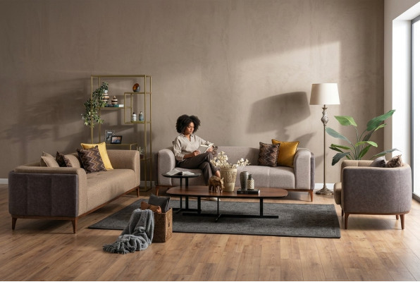 Garnitur Dreisitzer Viersitzer Sessel Sofa Stoff Beige Stoffsofa Set 4+3+1