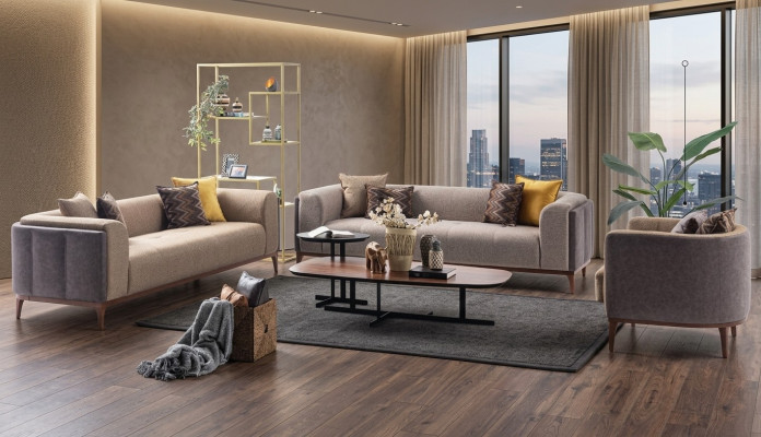 Garnitur Dreisitzer Viersitzer Sessel Sofa Stoff Beige Stoffsofa Set 4+3+1