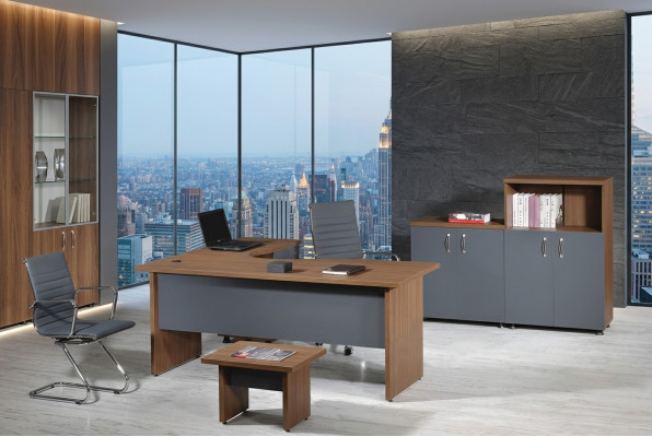 Garnitur Büro Eckbürotisch Arbeitszimmermöbel Schrank 4tlg Holz Grau