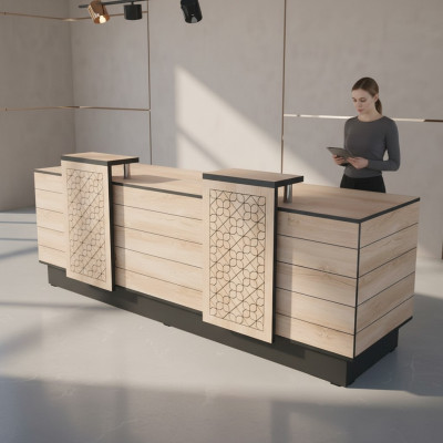 Rezeption Empfangsschalter Empfangstheke Büro Hotel Holz Braun Tisch