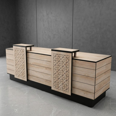 Rezeption Empfangsschalter Empfangstheke Büro Hotel Holz Braun Tisch