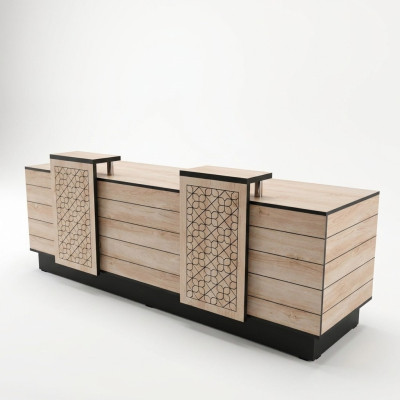 Rezeption Empfangsschalter Empfangstheke Büro Hotel Holz Braun Tisch