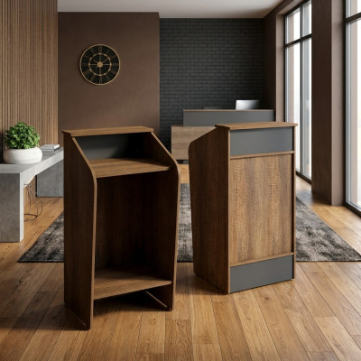 Rezeption Empfangsschalter Empfangstheke Büro Hotel Holz Braun Tisch