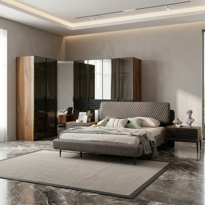 Bett Design Schlafzimmer Doppelbett Braun Holz Bettrahmen Set 4tlg