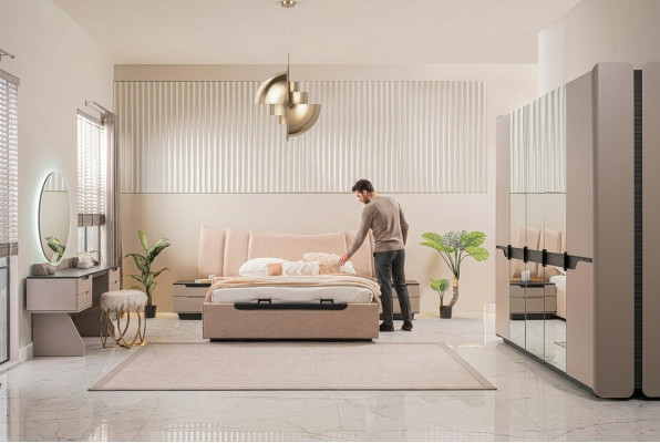 Doppelbett Komplette Bett Schlafzimmer Modern Beige Set 6tlg Schrank