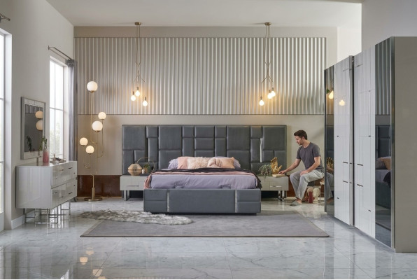 Bettrahmen Schlafzimmer Doppelbett Grau Holz Set 6tlg Kleiderschrank