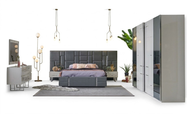 Doppelbett Bettrahmen Schlafzimmer Grau Holz Set 6tlg Kleiderschrank