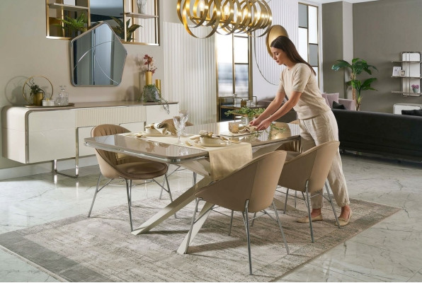 Moderne Essgruppe Holz Esstisch Essecke Beige Esszimmer 7tlg Stühle