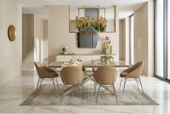Moderne Essgruppe Holz Esstisch Essecke Beige Esszimmer 7tlg Stühle