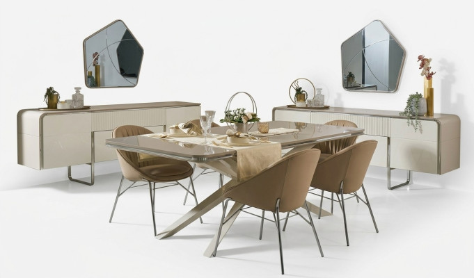 Moderne Essgruppe Holz Esstisch Essecke Beige Esszimmer 7tlg Stühle