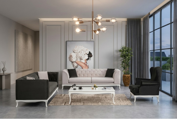 Komplette Chesterfield Couch Polstersofas Set 3tlg Stoffsofa Schwarz