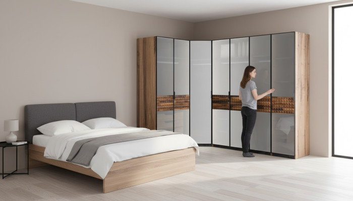 Eckschrank Schlafzimmerschrank Kleiderschrank Holz Braun Spiegel Groß