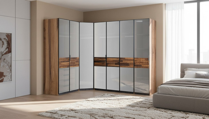 Eckschrank Schlafzimmerschrank Kleiderschrank Holz Braun Spiegel Groß