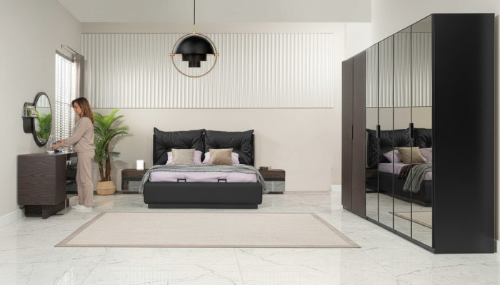 Garnitur Schlafzimmer Doppelbett Bett Nachttische Set 6tlg Schwarz