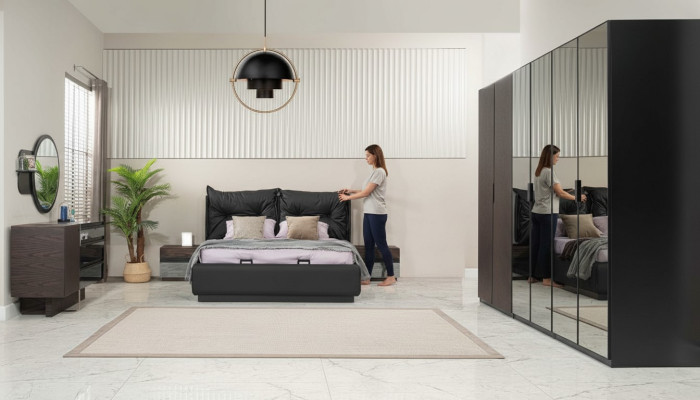 Doppelbett Garnitur Schlafzimmer Bett Nachttische Schwarz Set 6tlg