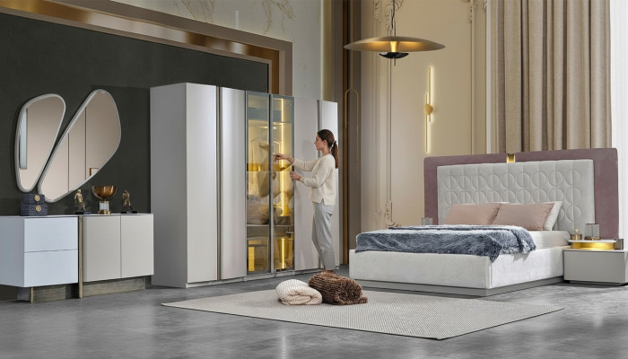 Komplette Schlafzimmermöbel Doppelbett Bett Weiß Luxus Set 7tlg Holz