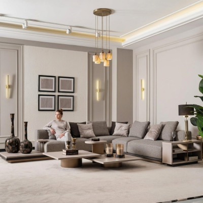 Wohnlandschaft Garnitur Wohnzimmer Ecksofa Sofa Couchtische 5tlg Grau