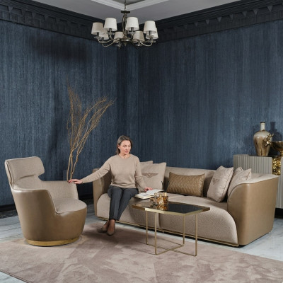 Sofagarnitur Dreisitzer Sessel Stoffsofa Beige Polstersofa Sofas Set