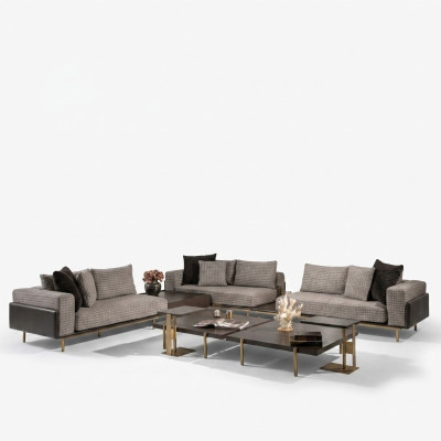 Wohnzimmer Garnitur Sofa Couchtische 5tlg Stoffsofa Grau Holz Set